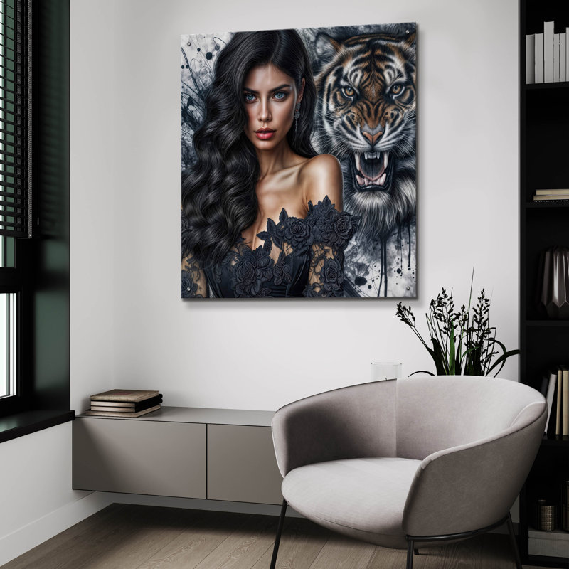 Art mural en verre épique «Tiger Girl Face» par Rey Klimt, 36 po x 36 po, H 36 po x l 36 po