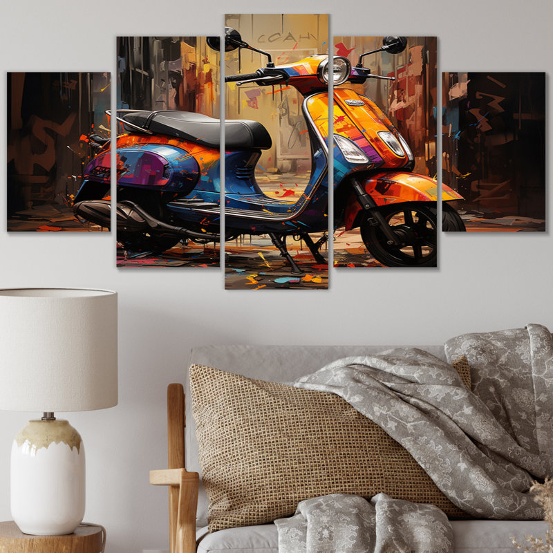 Scooter de rue orange et bleu - transport, impression d'art mural - 5 panneaux