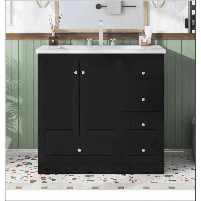 Armoire de meuble-lavabo autoportante de 36 po de style Shaker avec lavabo, 4 tiroirs à fermeture douce et 2 portes à fermeture douce