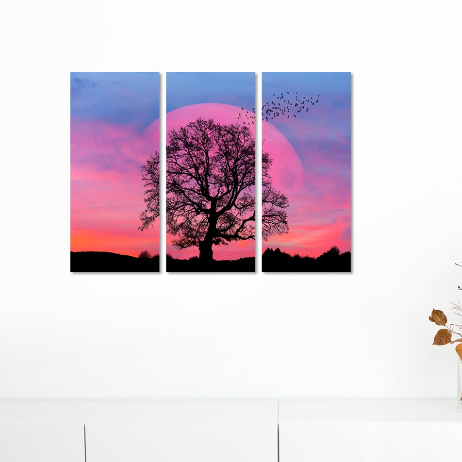 3-tlg. Leinwandbilder-Set Collage - Baum Silhouette vor Supermond