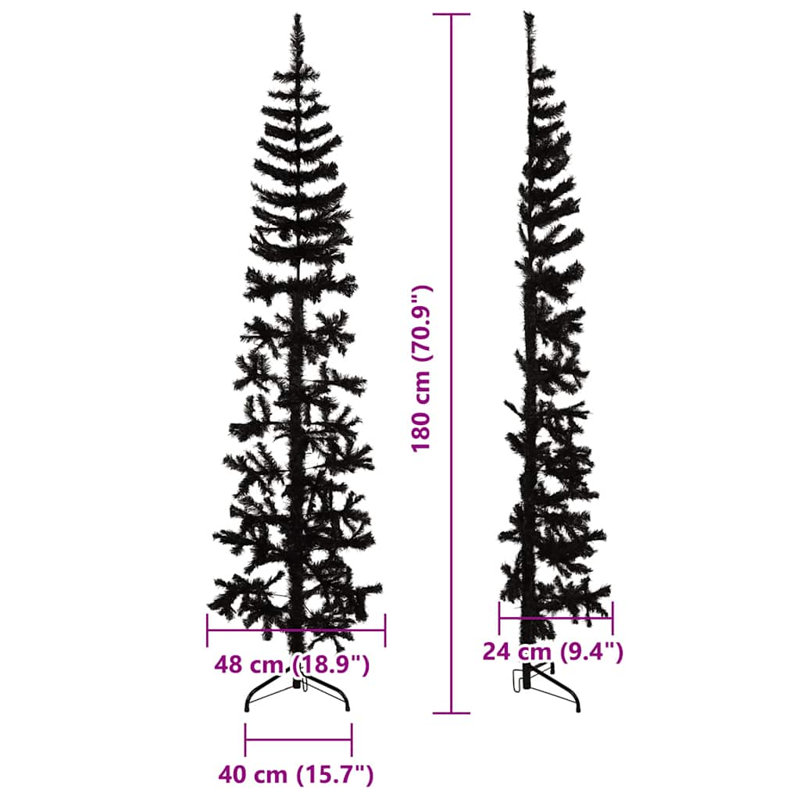 Moitié de sapin de Noël artificiel avec support, 70,9 po x 19,3 po, Noir