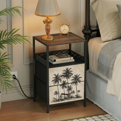Table de chevet 2 tiroirs avec station de charge, table de chevet pour chambre avec ports USB et amp; Table de chevet noire Outlets à tablette ouverte avec imprimé beige de palmier noir minimaliste