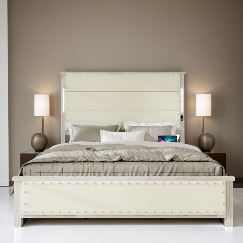 King Size Platform Bed Frame with Upholstered Headboard and 4 Storage Drawers, Blanc antique, Grand lit