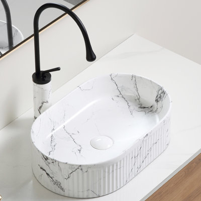 Vasque ovale de salle de bain en marbre noir et blanc 48 x 30 cm, en porcelaine céramique avec filtre à eau aéré, facile à nettoyer, robinet d'aération, fini lustré