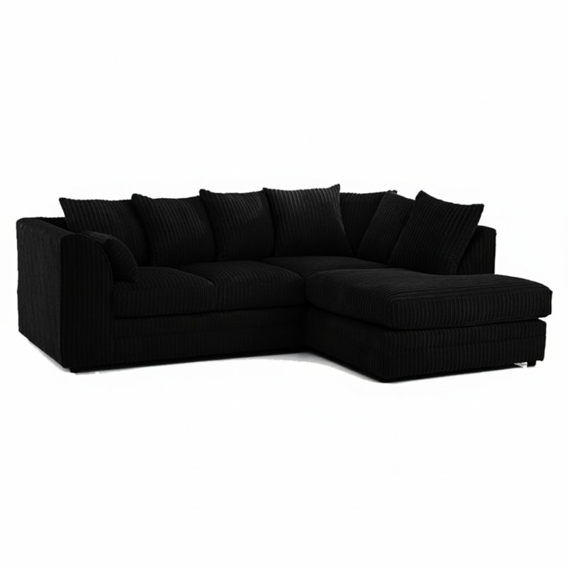 Jumbo Cord Upholstered Corner Sofa Small Back Cushion with Foot Stool , Right Hand Facing, Black