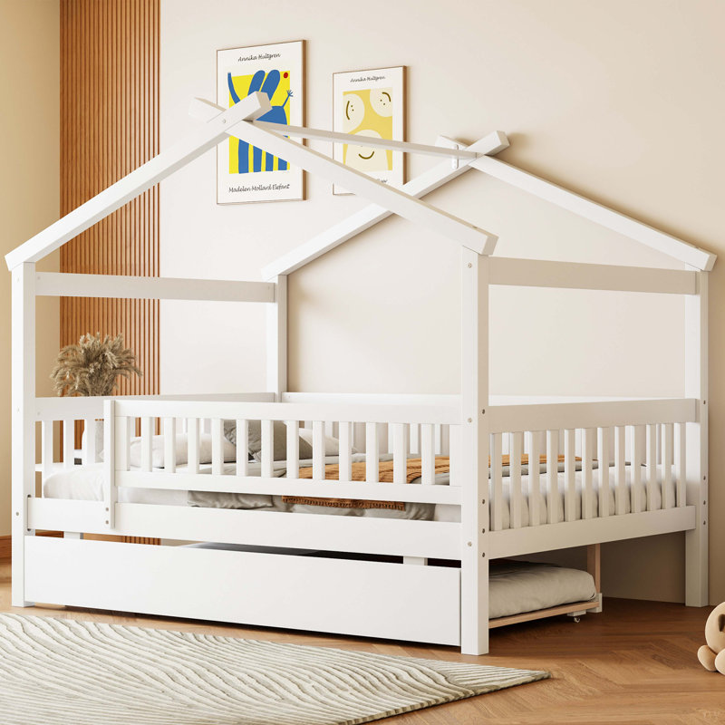 Lit double en bois avec lit gigogne simple, Lit double, Blanc