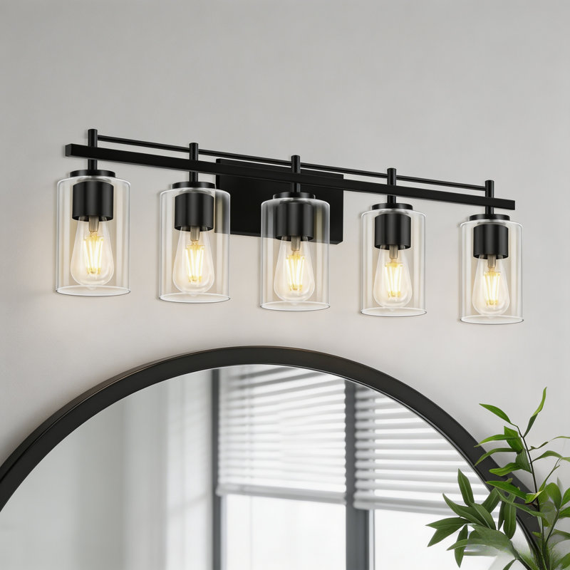 5 - Light Vanity Light With Clear Glass Shade For Bathroom, Bedroom, Hallway, Staircase, Matte Black, 5 Lights