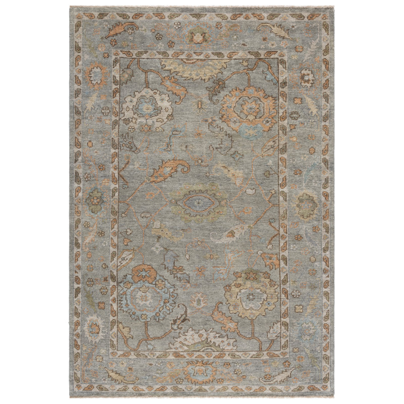 Tapis oriental gris / rouille en laine / viscose noué à la main Izmir, Rectangle 10 po x 14 po