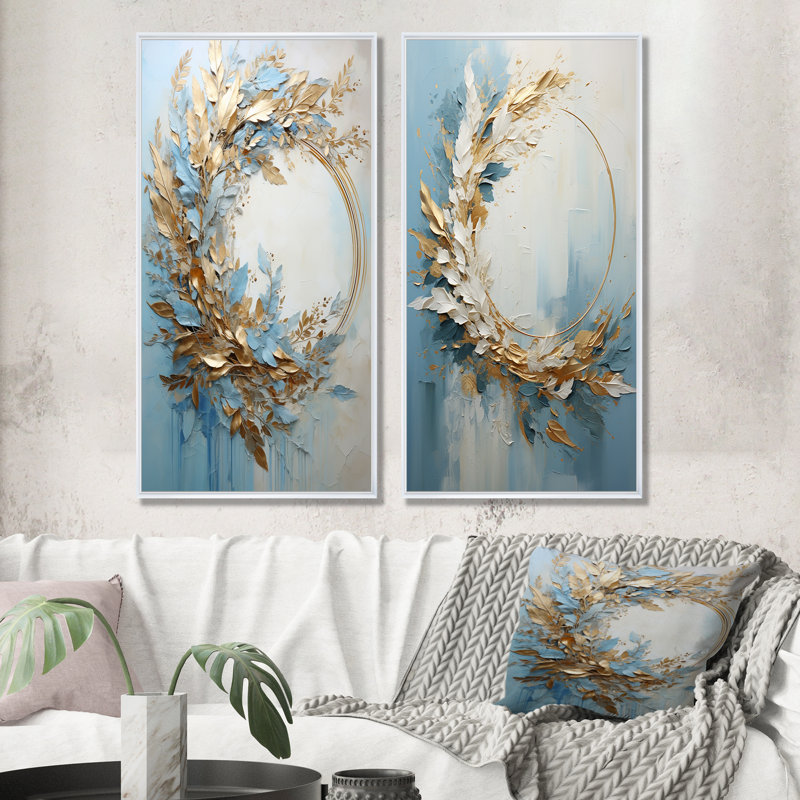 Couronne de fleurs bleue et dorée - ensemble de 2 décorations murales couronne, Cadre blanc, H 32 po x l 33 po