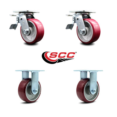 5 Inch Poly on Aluminum Caster Set with Roller Bearings 2 Brakes 2 Rigid SCC