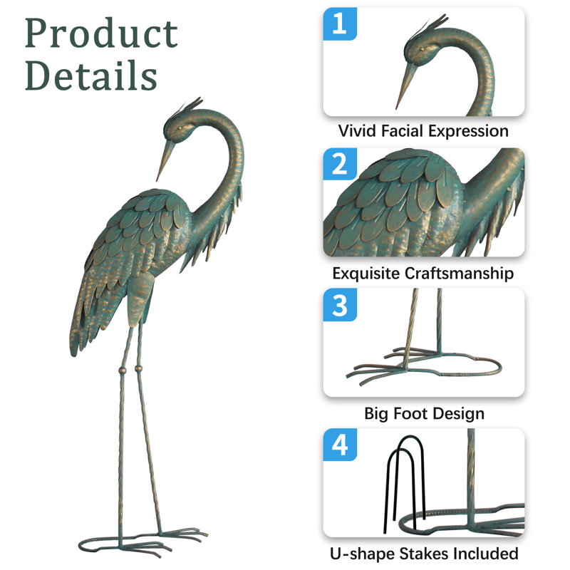 Golden and Blue Iron Crane Garden Statue Set, 40-inch