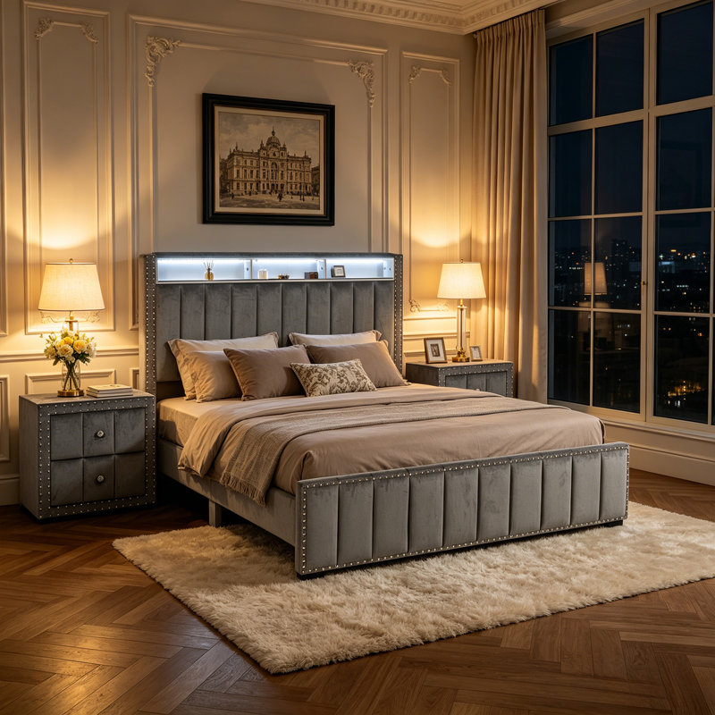 Ensemble de chambre moderne 3 pièces, lit plateforme rembourré avec station de recharge USB et éclairage DEL et deux tables de chevet