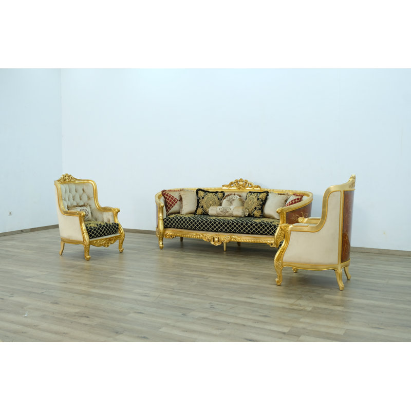 3 Piece Luxor Ii Sofa Set Black Gold Fabric, Black/Gold