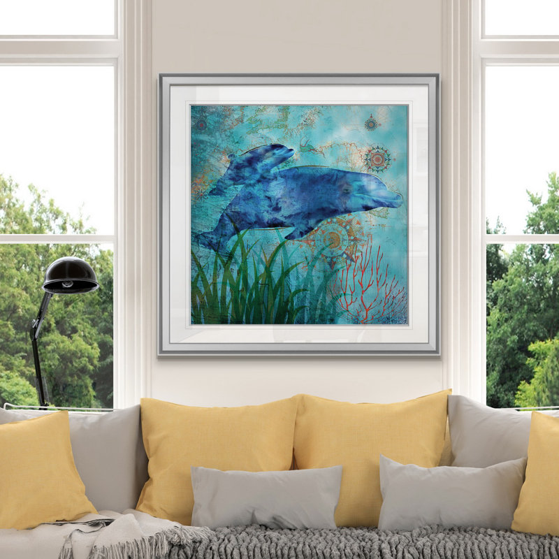 « deep sea dauphins », peinture, H 16 po x l 16 po x P 1,5 po, Encadrement argenté