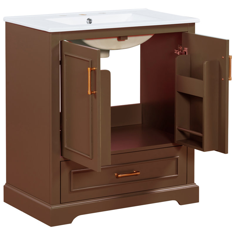 Meuble-lavabo autoportant de 30 po avec comptoir en céramique, Brun