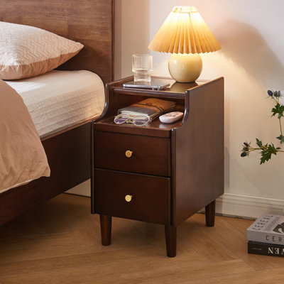 Solid Wood Nightstand with 2 Drawers, Vintage Side Table with Pull-Out Panel, Flip-Top Storage, Walnut Bedside Table for Bedroom Living Room Small Spa