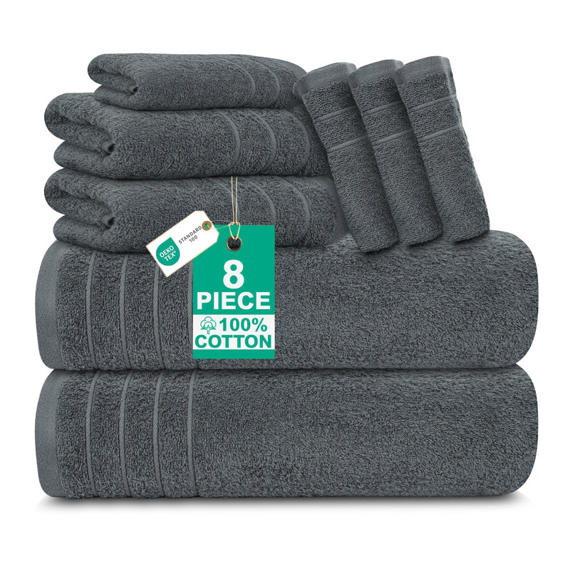 100% Cotton Midweight Mulit-Size Set, Dark Grey, 8 Piece Towel Set