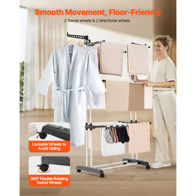 Clothes Drying Rack, 4-Tier Foldable Laundry Dryer Rack, Metal Drying Racks with 24 Drying Rods, Free-Standing and Portable Hanger with 4 Castors and Two Side Wings for Outdoor & Indoor Use