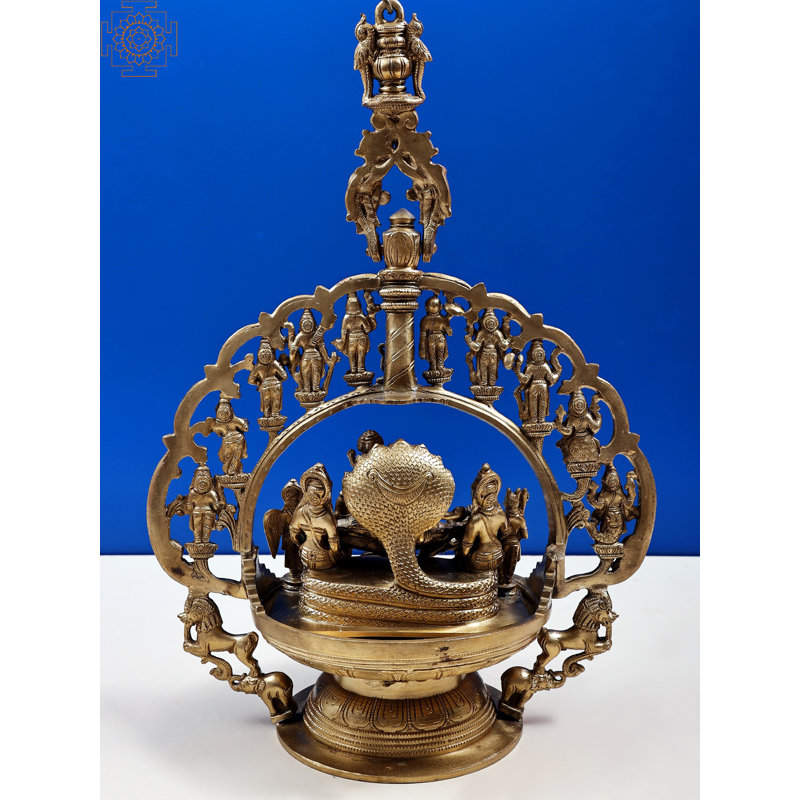 14" Dasavatharam Hanging Lamp – Handmade Vaishnava Bronze World Lamp, Hindu Mythology Chandelier, Ten Avatars Sculpture, Decorative Puja Light
