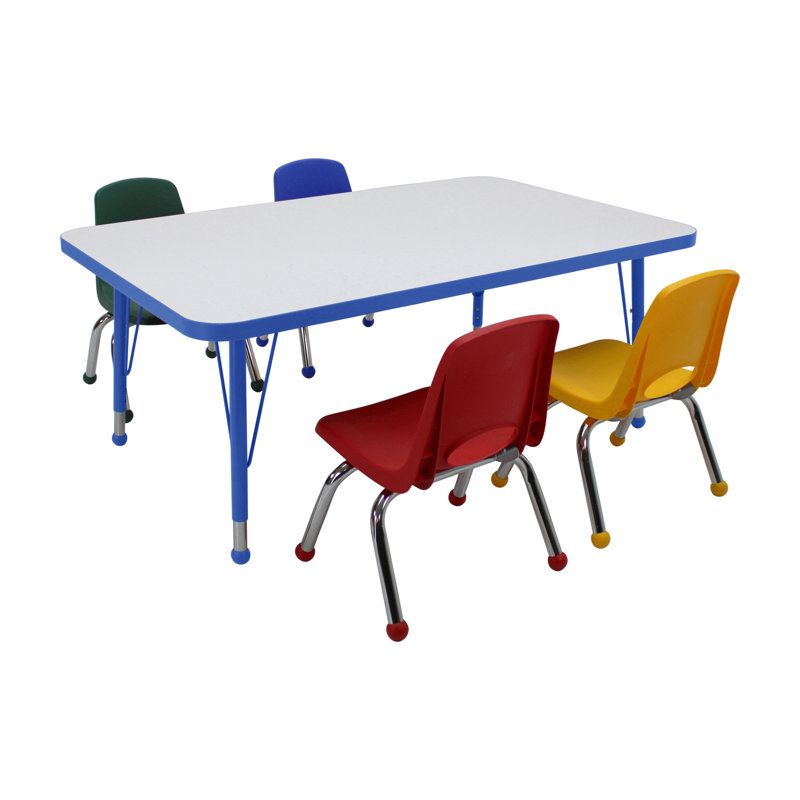 Ensemble de 5 tables d'activités rectangulaires effaçables à sec 30 "x 48" avec pieds standards et chaises empilables 10 "avec glissières à billes - tableau blanc / bleu / assortis