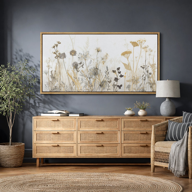 Wildflower Meadow Field Neutral Landscape Nature Wall Decor for Living Room Bedroom Office Extra Large Pictures Framed Canvas Print Wall Art