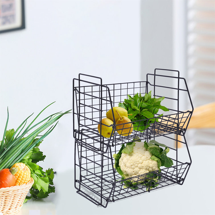 2 Tier Metal Tabletop General Basket, Utility Vegetable Storage Basket Bread Organizer Rack, Bronze Rebrilliant