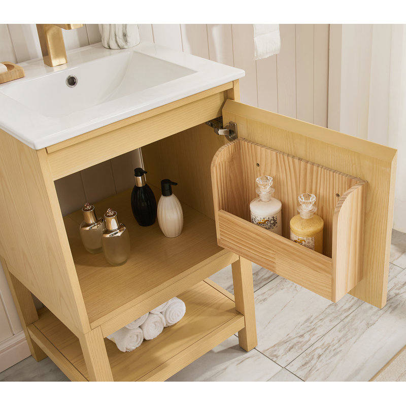 Meuble-lavabo en bois avec tablette réglable, Bois de frêne naturel
