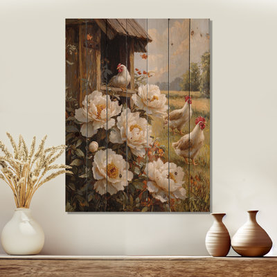 Farm Peonies At The Chicken Feeder II - Peonies Wood Wall Decor - On Natural Pine Wood