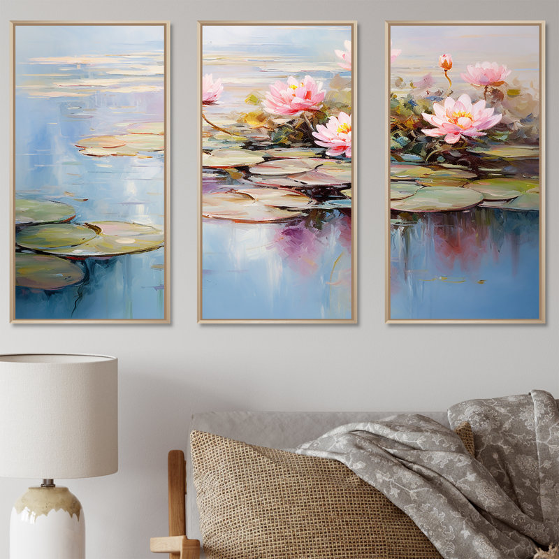 Bleu et vert Monets Lake Reflections 5 - lac, art mural, Cadre flottant brun, H 28 po x l 36 po