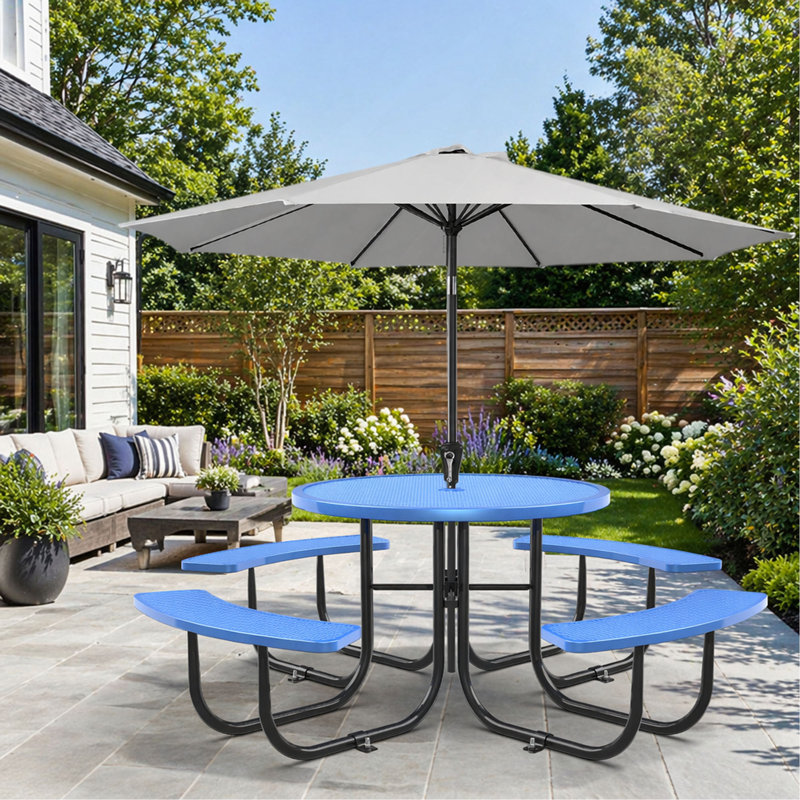 Ensemble de table ronde et de chaises avec trou pour parasol, Blue