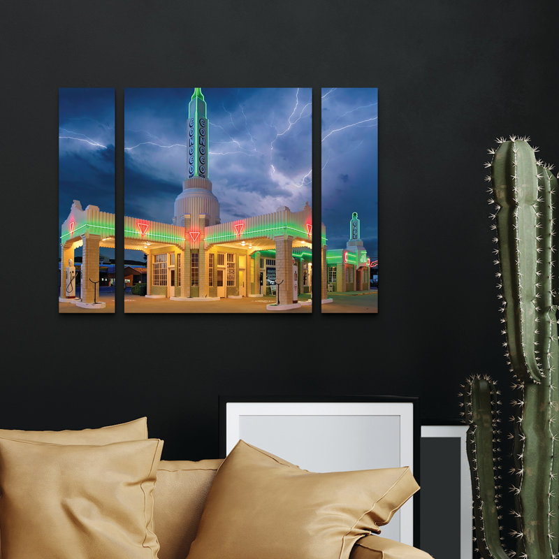 Ensemble de 3 panneaux d'art mural - "Jones Rt 66 Shamrock Texas Conoco Lightning", art mural sur toile pour décoration de salon, de chambre à coucher ou de bureau 