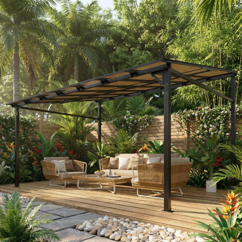 Pergola murale robuste 10 po x 14 pi Lean to Gazebo avec toit rigide en polycarbonate anti-UV de 6 mm et bases de poteaux pré-percées