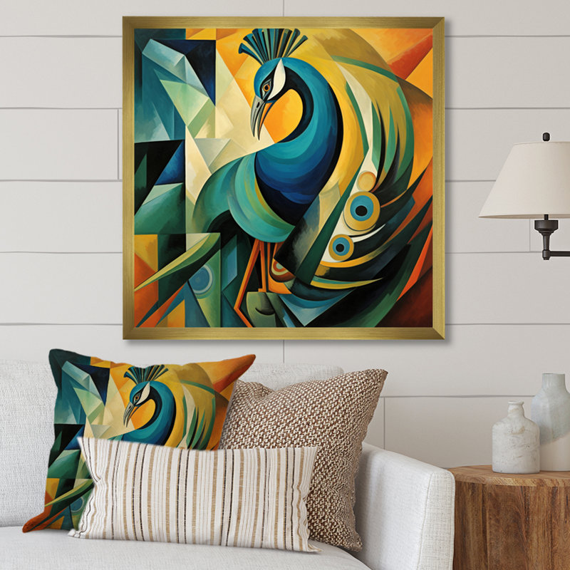 «Green Blue Peacock Cubist» sur impression sur toile, Cadre doré à une seule photo, H 36 po x l 36 po x P 1,5 po