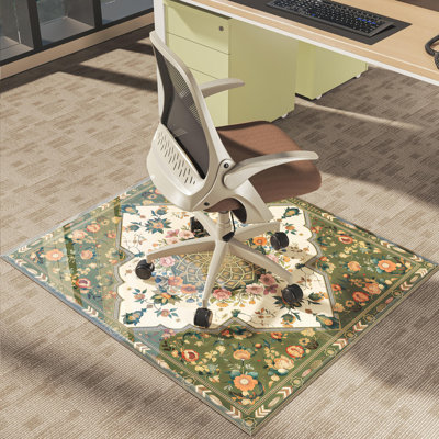 Vintage Floral Office Chair Mat,Green Botanical Pattern Floor Protector, Smooth Gliding for Hardwood & Carpet Floors