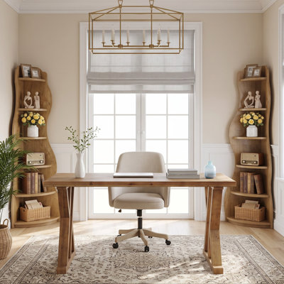 Office Sets, Solid Wood Executive Writing Desk & 2 Wavy Corner Shelves, Home Office Workstation Storage Combo Set
