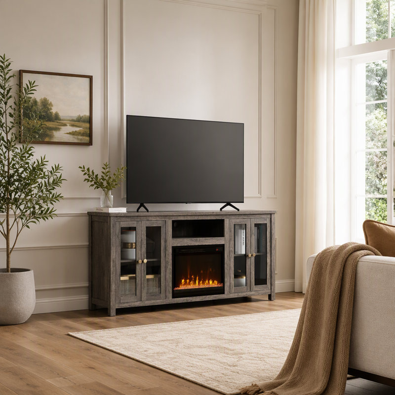 Meuble télé moderne avec foyer électrique, étagères réglables et éclairage DEL d'ambiance pour un salon confortable et divertissant.