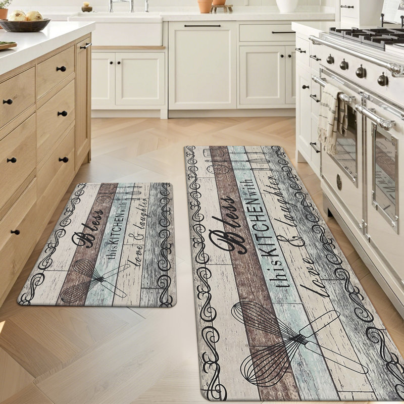 Anti-Fatigue Non-Skid Waterproof Cushioned Kitchen Mat (Set of 2), Teal/Brown/Beige, Runner 20" x 31.5" + 20" x 59"