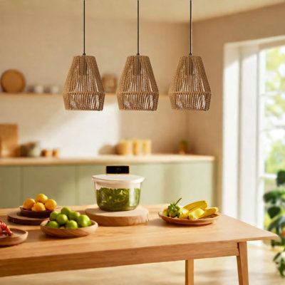 Set of 3 Handwoven Woven Pendant Lights Modern Farmhouse Coastal Chandeliers  7.9FT Adjustable Height for Kitchen Island Dining Room Entryway