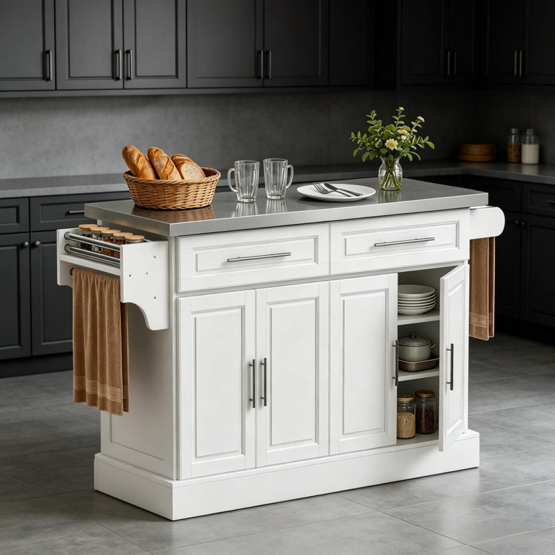 Îlot de cuisine avec plateau en acier inoxydable, porte-serviettes et 2 tiroirs pour la cuisine