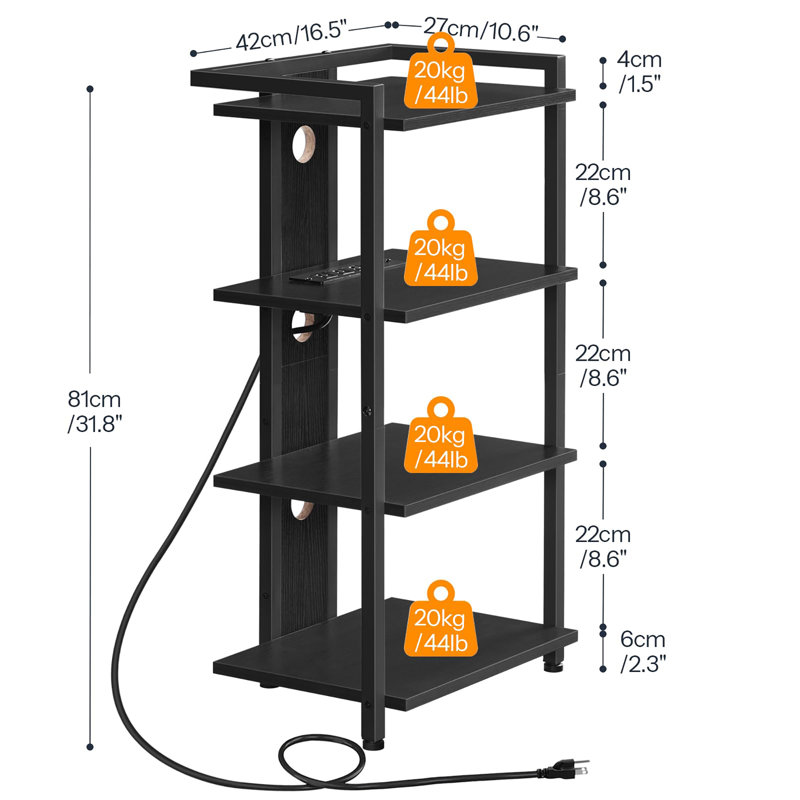 4-Tier AV Media Console With Charging Station and LED Light, Black
