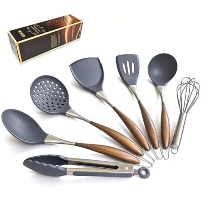 Ensemble d'ustensiles de cuisine en silicone de 7 pièces, résistants à la chaleur, antiadhésifs avec manche imitation bois, sans BPA, compatibles avec le lave-vaisselle (gris sidéral)