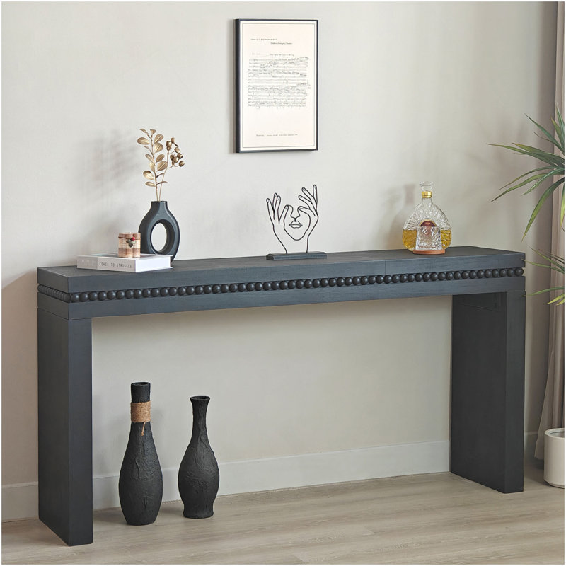 Console 64 "en bois noir moderne - Élégante table d'entrée avec bordure décorative perlée, Noir antique