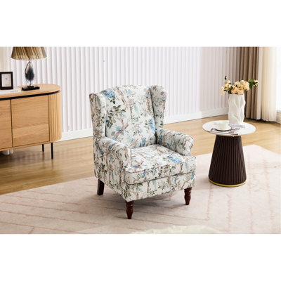 Fauteuil d'appoint moderne rétro à pieds en bois, motif floral, idéal pour la chambre, le bureau ou le salon, coussin de dossier en mousse haute densité, revêtement en lin imprimé résistant à l'usure