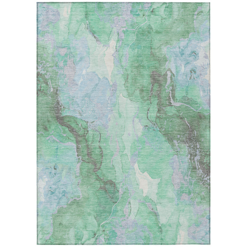 Machine Washable Indoor/Outdoor Xhevrie Seafoam Rug, Rectangle 3' x 5'
