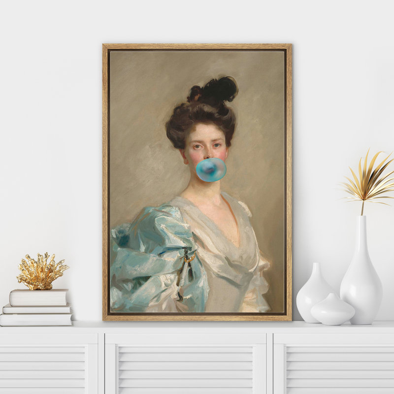 "Alteré classique Portraits", femme élégante avec impression éclectique bleue, H 24 po x l 16 po, Cadre naturel flottant