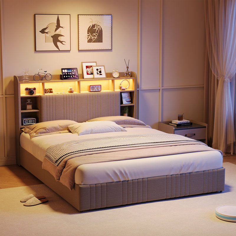 Upholstered Storage Bed, Beige, European Kingsize (160 x 200 cm)