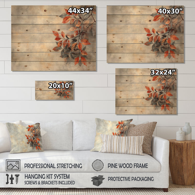 Feuilles d'automne orange VI - décoration murale en bois de feuilles - sur bois de pin naturel, H 10 po x l 20 po
