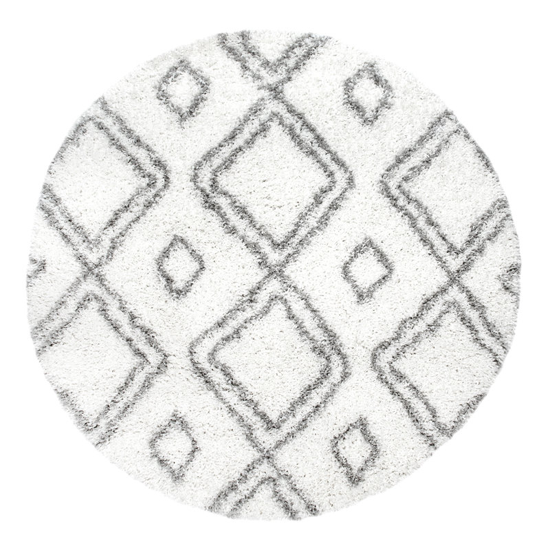Kosinski Trellis Runner Shag Rug for Living Room Bedroom Dining Room Nursery Entryway Hallway, White/Grey, Round 5'3"