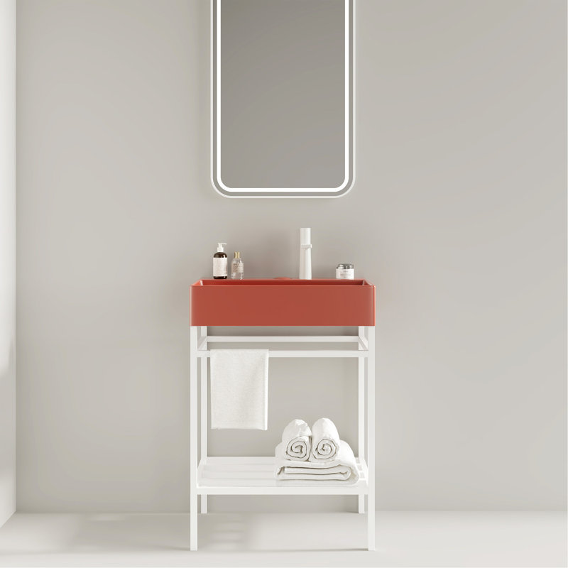 Meuble-lavabo 24 po avec lavabo en céramique et tablette de rangement en fer, Rouge, Blanc