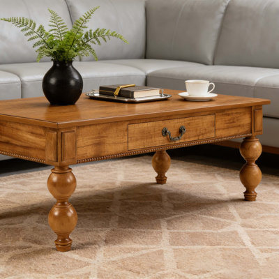 Rectangular Wooden Coffee Table with Storage Drawer, Vintage Cocktail Table with Solid Wood Gourd-Shaped Legs for Living Room,No-Tools Assembly by Ivy Bronx